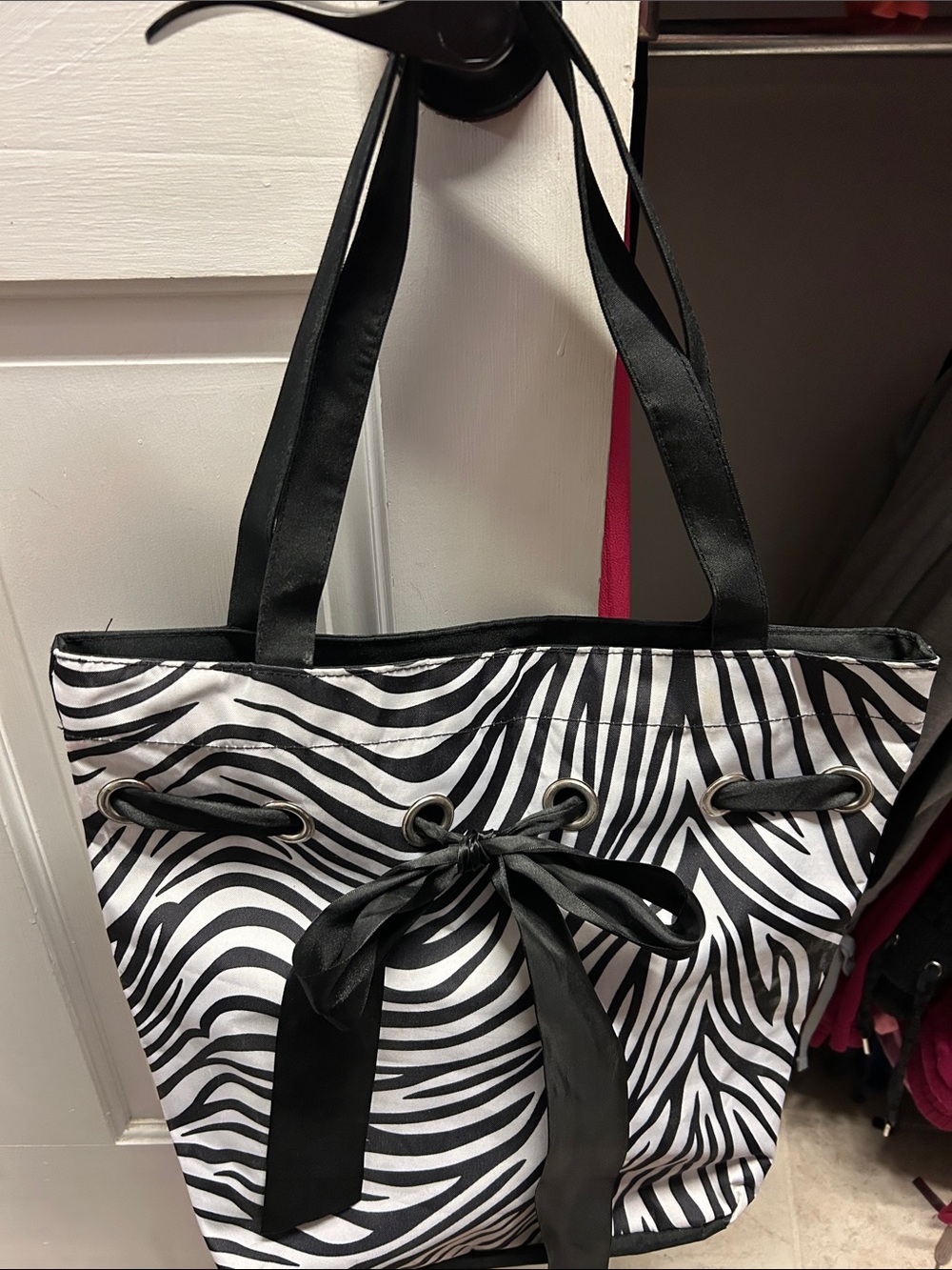 Zebra-Print Black & White Tote with Ribbon Detail — GENTLY USED!